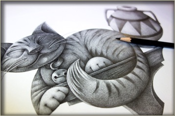 Cat and Vase Graphite Drawing For Wood Carving 2